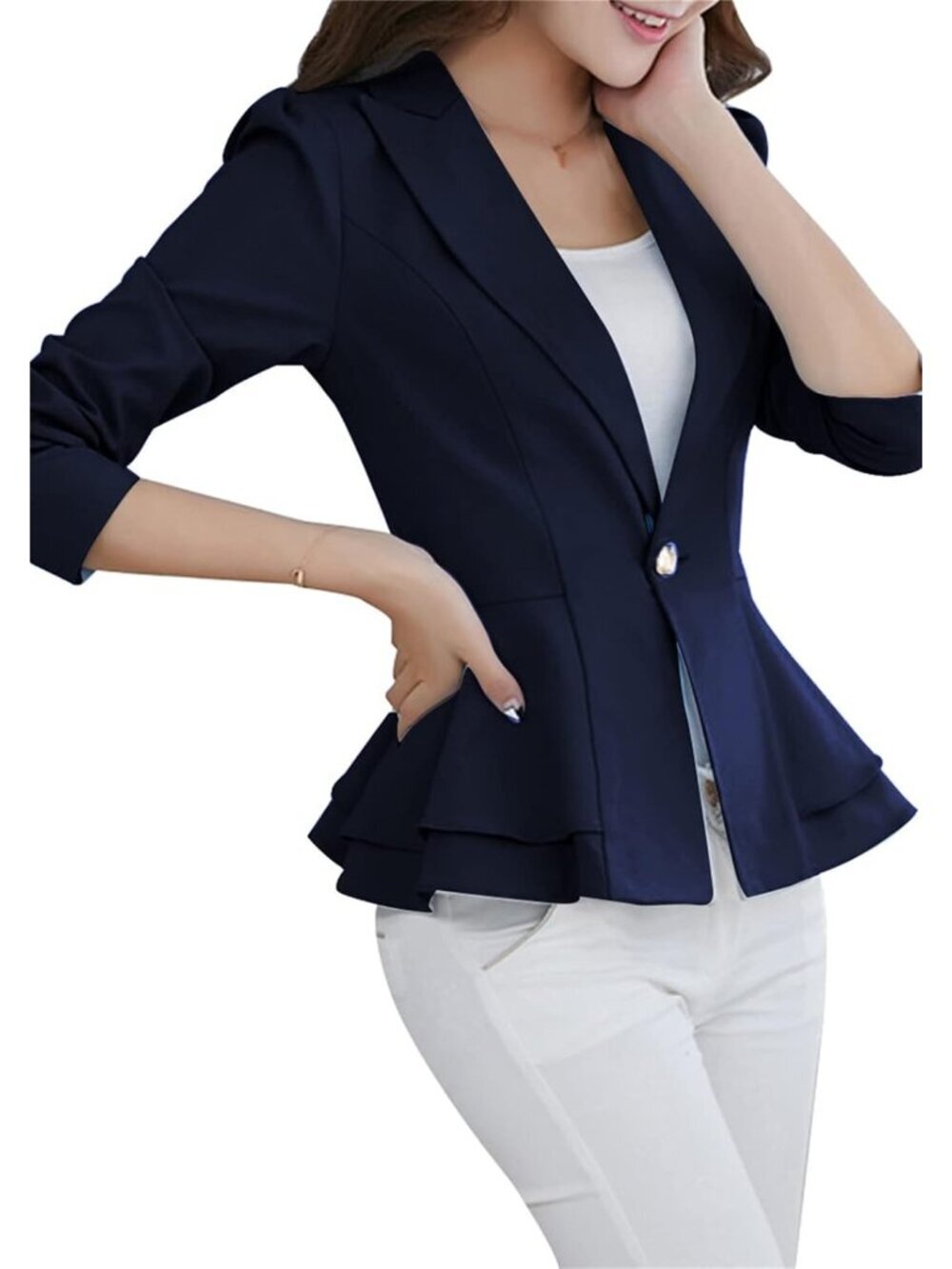 Women's Blue Slim Button Down Blazer Solid Color Office Cardigan Long Sleeve - Picture 2 of 6